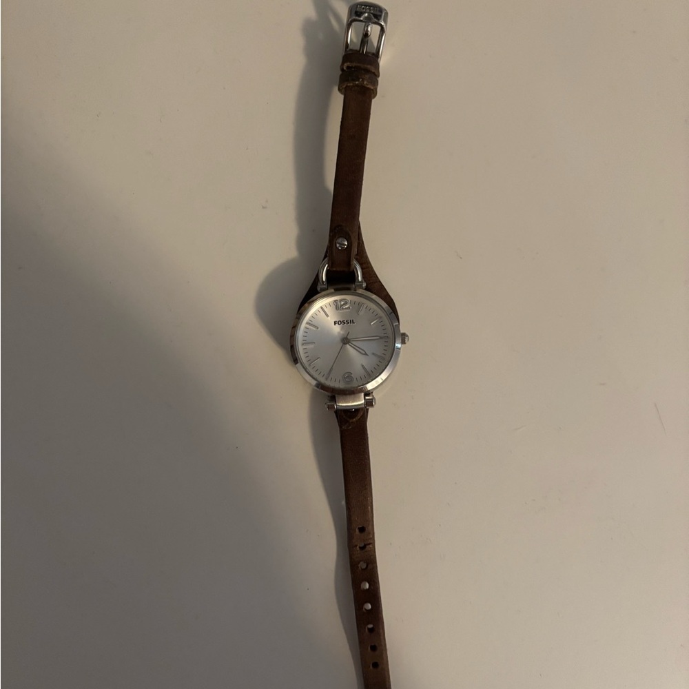 Fossil Silver Dial Watch with Brown Leather Strap